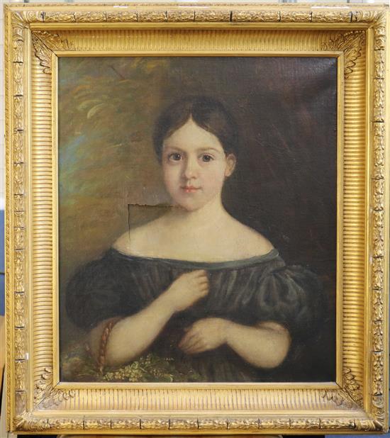 19th century English School Portrait of a girl holding a basket of flowers 21 x 18in.